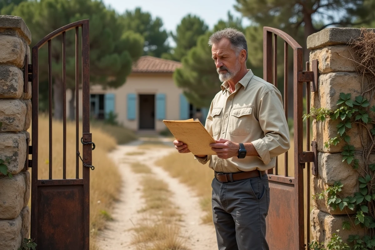 Homme examinant les documents devant le portail d'une maison abandonnée en PACA, illustrant les vérifications avant acquisition d'un bien à donner