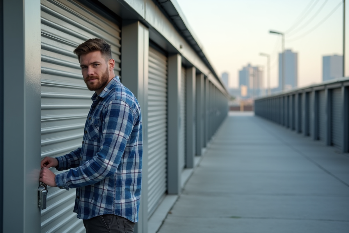 Homme verrouillant une porte de stockage extérieur