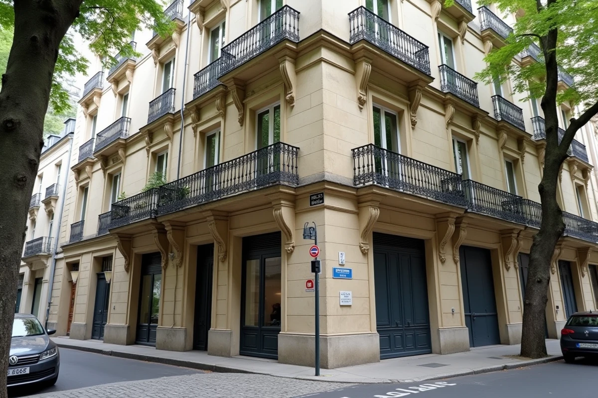Immeuble haussmannien à vendre en viager libre à Paris, façade en pierre avec panneau immobilier