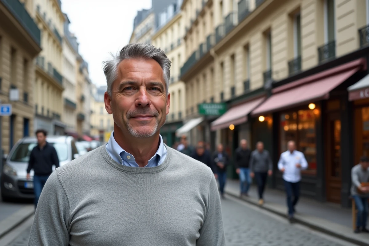 Homme devant des immeubles haussmanniens avec panneaux À Louer dans une ville en zone tendue en France