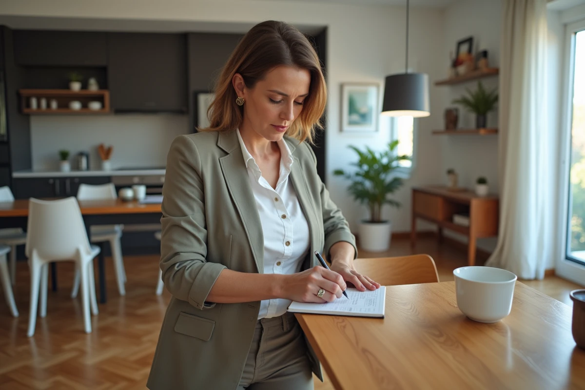 Femme inspectant une chaise en bois dans un appartement