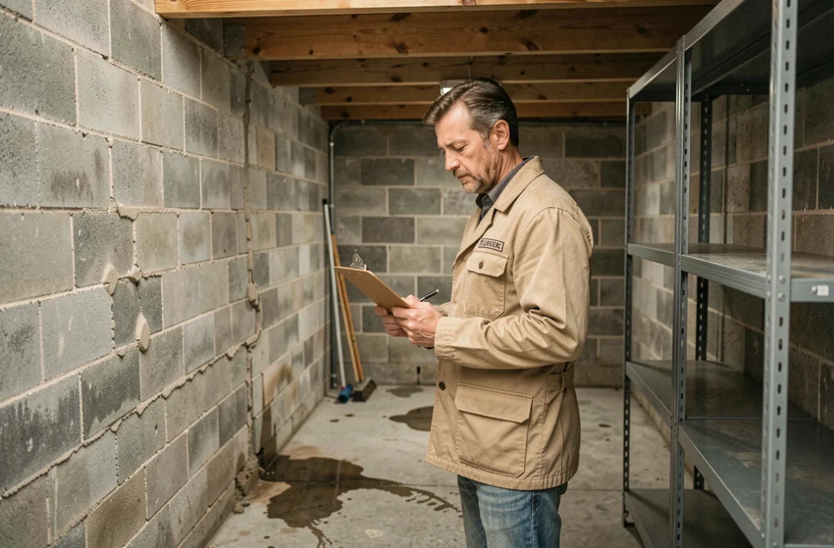 Inspecteur immobilier examinant le mur mitoyen à l'intérieur d'un garage lors d'une visite d'expertise avant achat