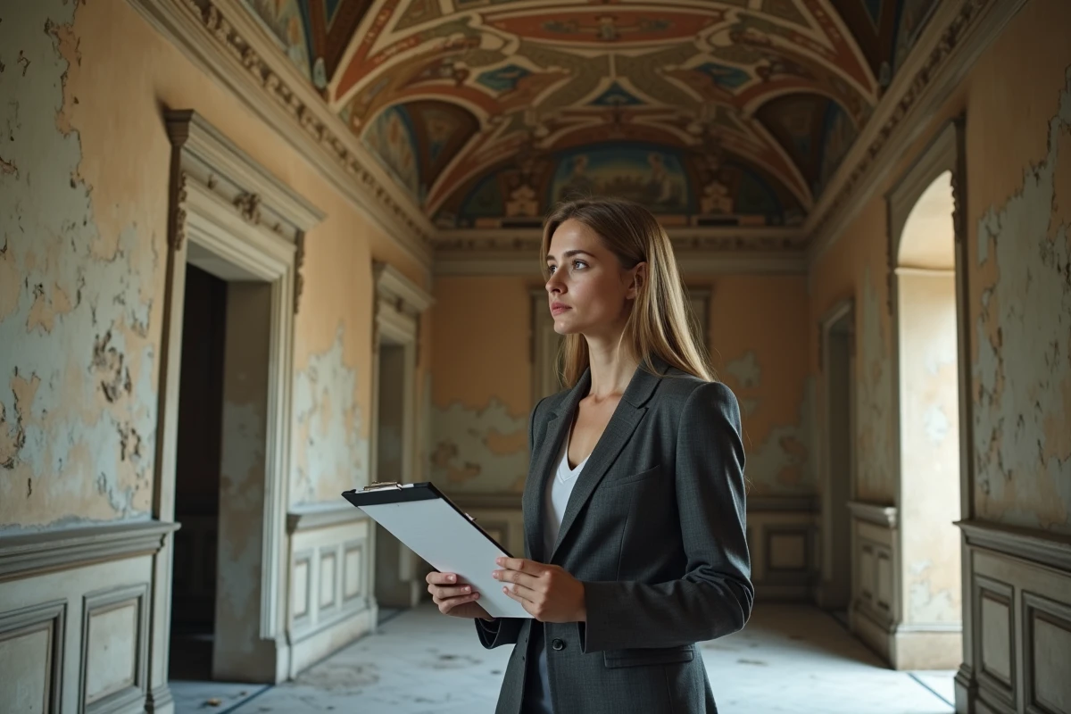 Jeune femme inspectant un château abandonné intérieur