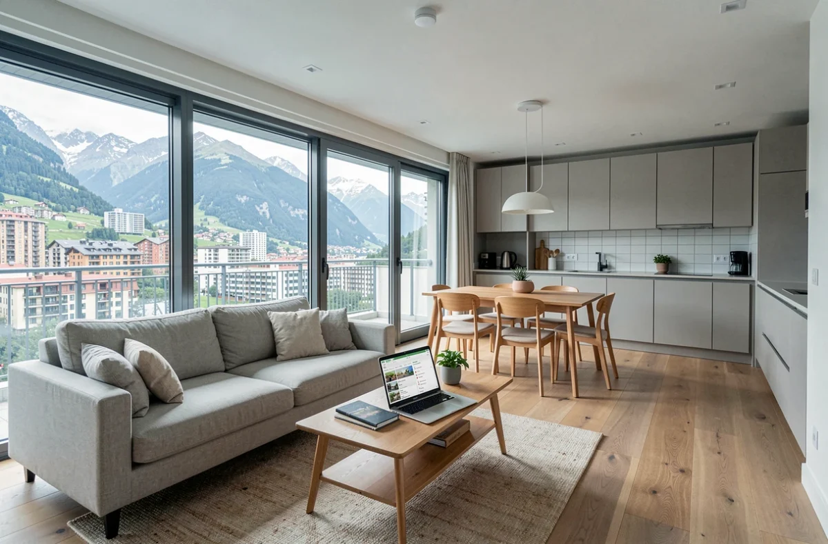 Intérieur d'un appartement meublé moderne à Andorre-la-Vieille prêt pour la location saisonnière, avec vue urbaine sur les montagnes