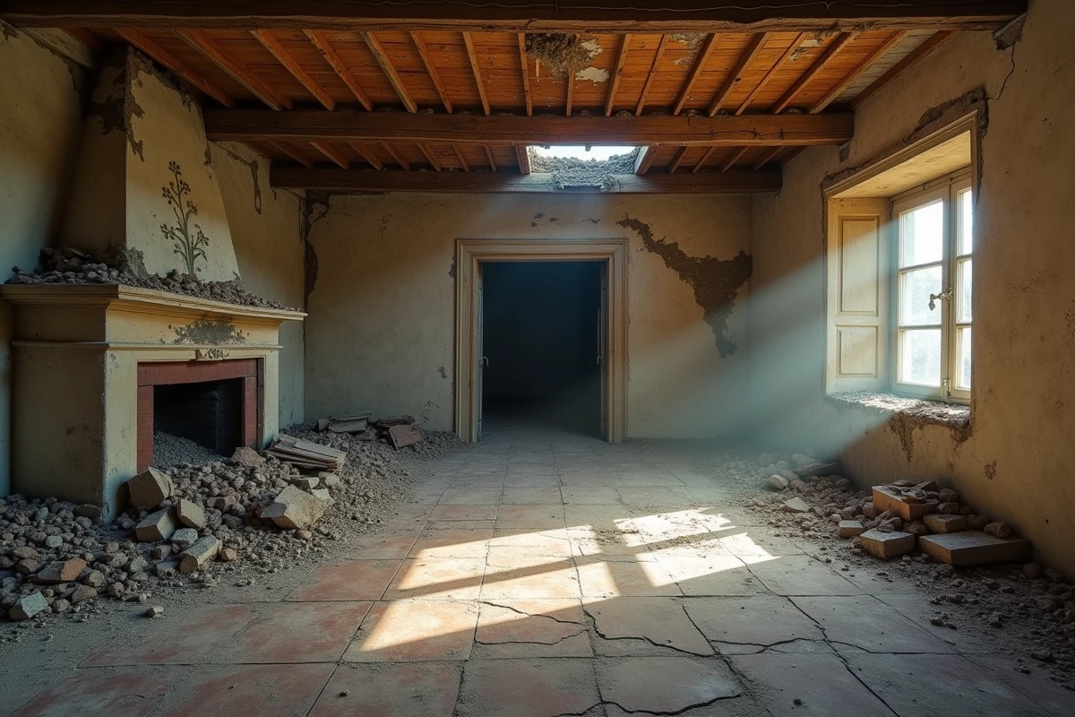Intérieur délabré d'une maison abandonnée en PACA avec sol en tomettes fissuré, plafond effondré et cheminée rouillée