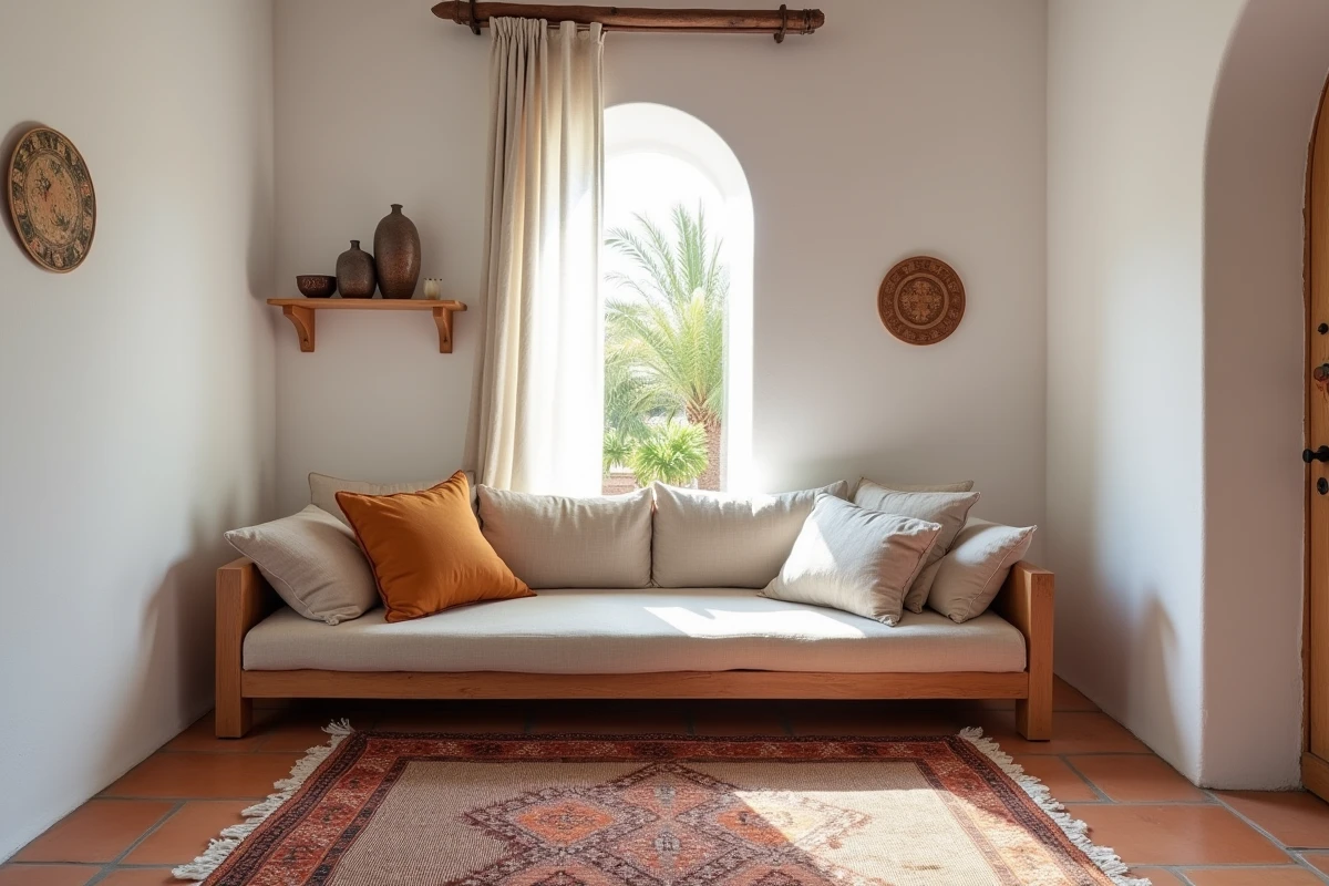 Intérieur simple et authentique d'une maison en location longue durée à Essaouira avec tapis berbère, carrelage en terre cuite et fenêtre donnant sur le jardin
