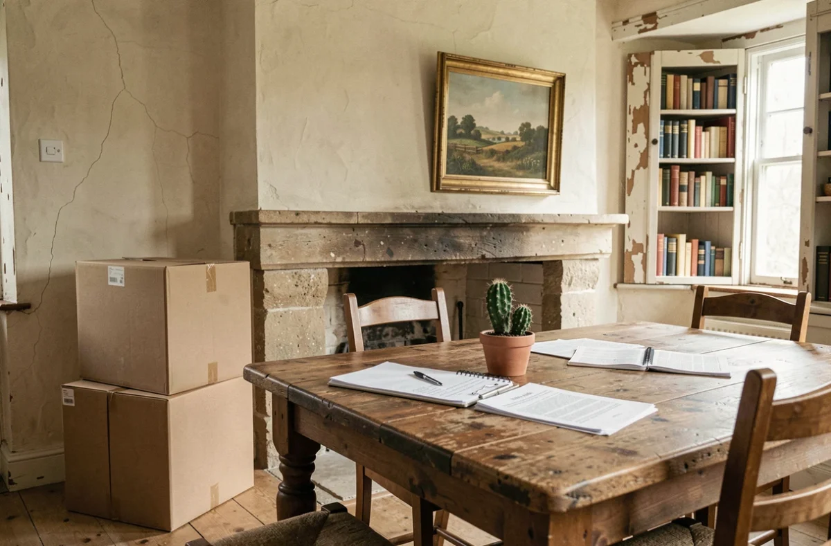 Intérieur d'une maison normande avec cartons de déménagement et documents juridiques sur une table en chêne lors d'une vente urgente