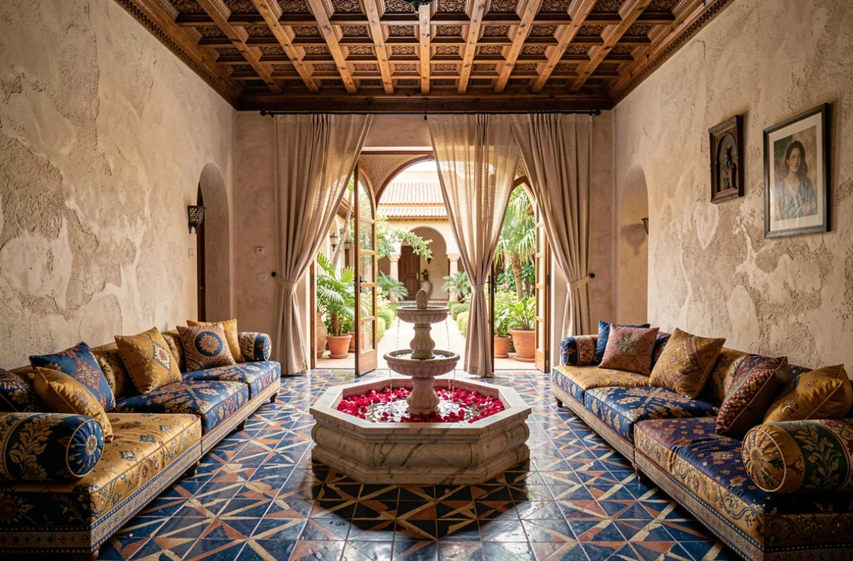 Intérieur luxueux d'une villa riad à Marrakech avec fontaine centrale, zellige et plafond en cèdre sculpté