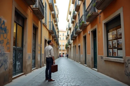 Rue étroite du 3ème arrondissement de Marseille avec façades anciennes et agence immobilière, illustrant l'investissement immobilier dans un quartier populaire