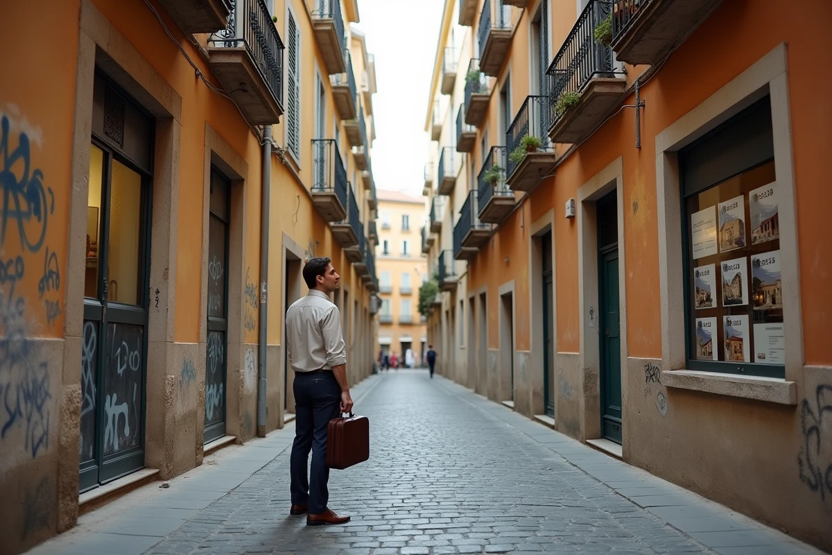 Rue étroite du 3ème arrondissement de Marseille avec façades anciennes et agence immobilière, illustrant l'investissement immobilier dans un quartier populaire