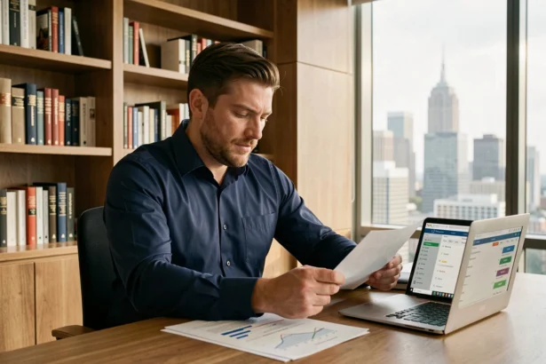 Investisseur immobilier locatif analysant des documents de taux d'occupation dans un bureau moderne avec vue sur la ville