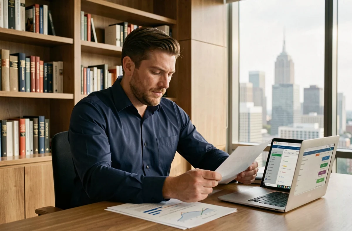 Investisseur immobilier locatif analysant des documents de taux d'occupation dans un bureau moderne avec vue sur la ville