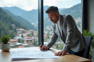 Investisseur immobilier étudiant des plans d'appartement dans un bureau avec vue sur les montagnes d'Andorre