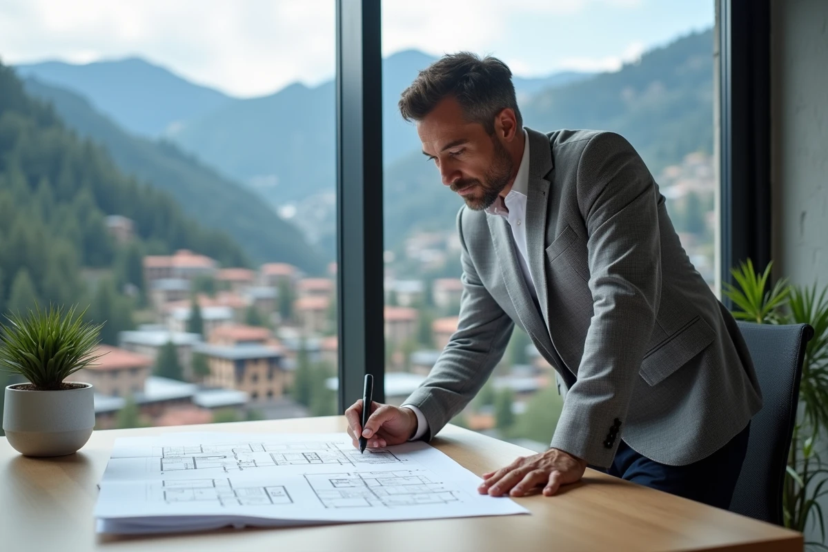 Investisseur immobilier étudiant des plans d'appartement dans un bureau avec vue sur les montagnes d'Andorre