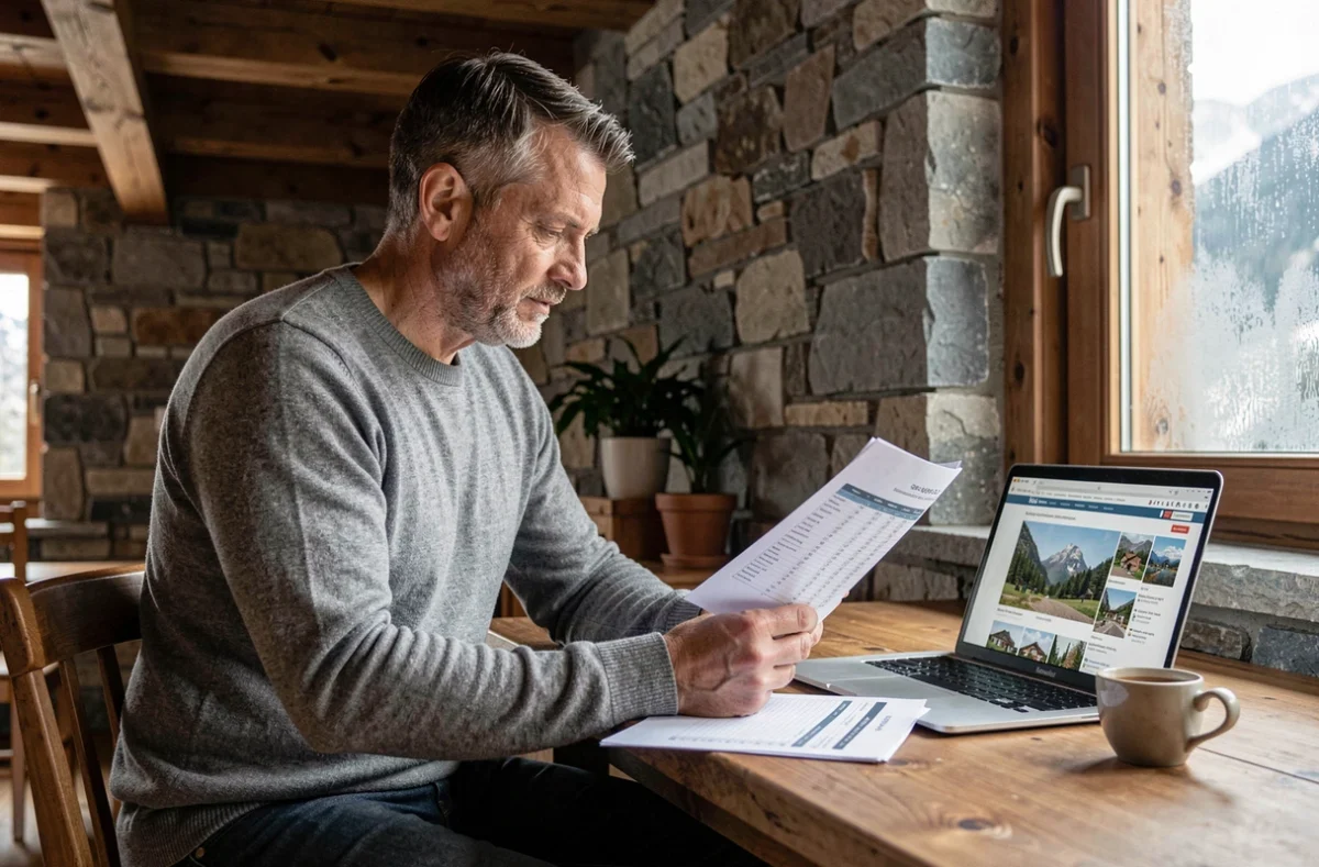 Investisseur immobilier analysant la rentabilité d'un achat d'appartement en Andorre pour la location saisonnière, assis dans un chalet de montagne