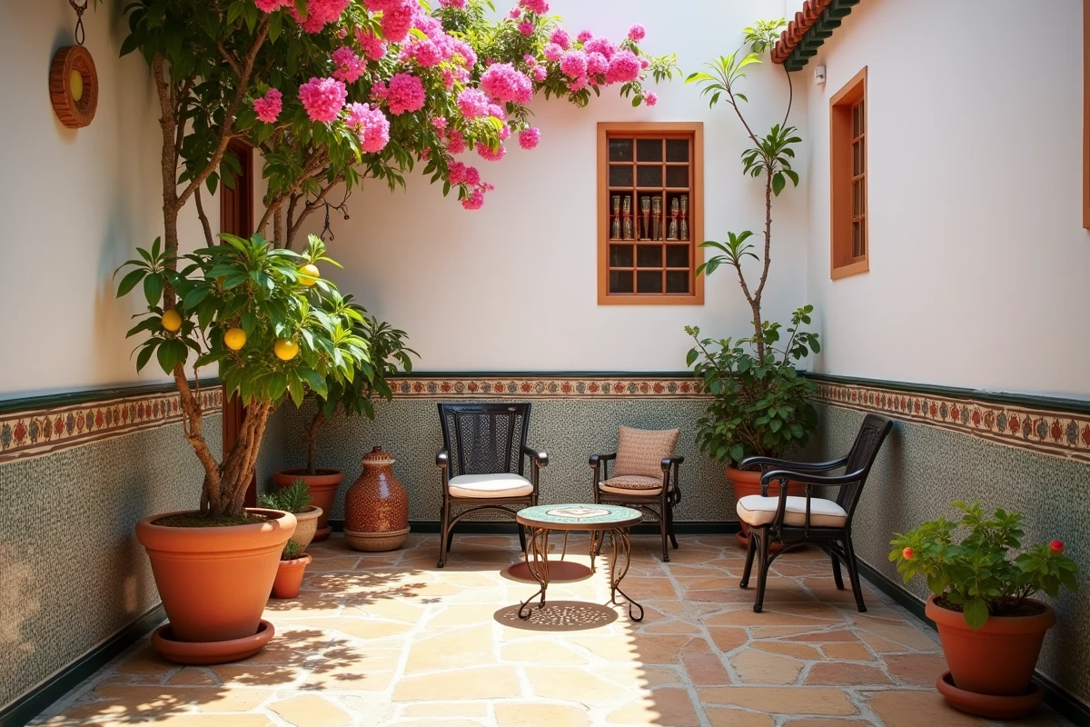 Petit jardin intérieur d'une maison à louer à Essaouira avec carrelage zellige, bougainvillée rose et mobilier de jardin en fer forgé