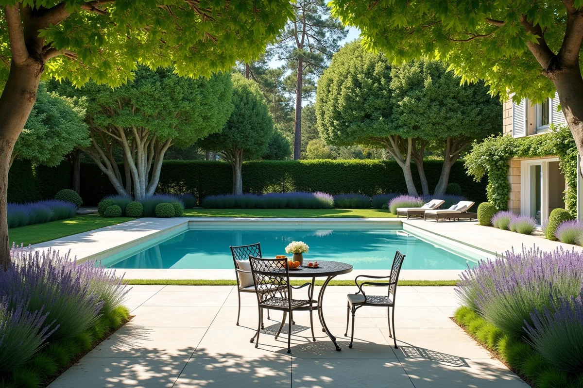 Jardin paysager haut de gamme avec piscine à débordement et plantation de lavande autour d'une propriété de prestige