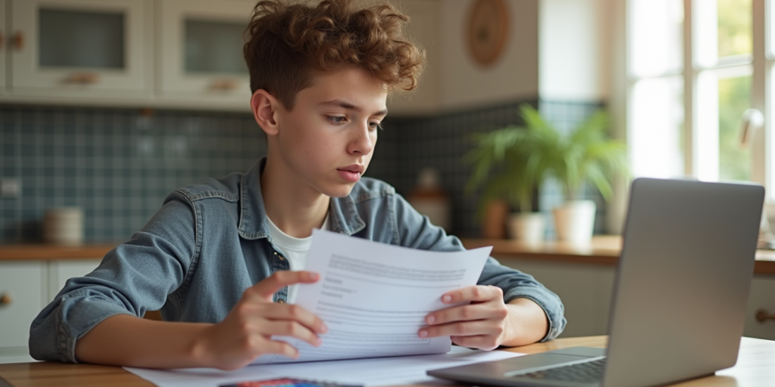 Jeune adulte lisant un contrat de location à la maison