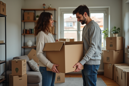 Jeune couple faisant leurs cartons dans un salon chaleureux