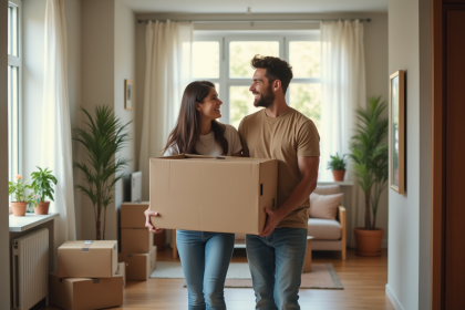 Jeune couple souriant portant une grande boîte dans un appartement lumineux