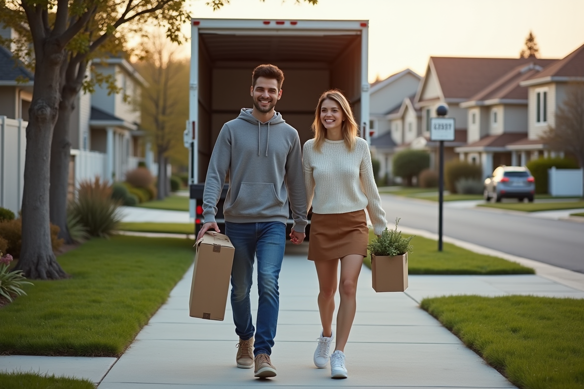 Jeune couple souriant portant une plante vers leur nouvelle maison