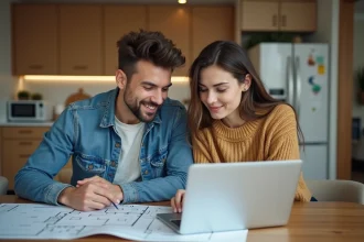 Jeune couple plan appartement sur un ordinateur