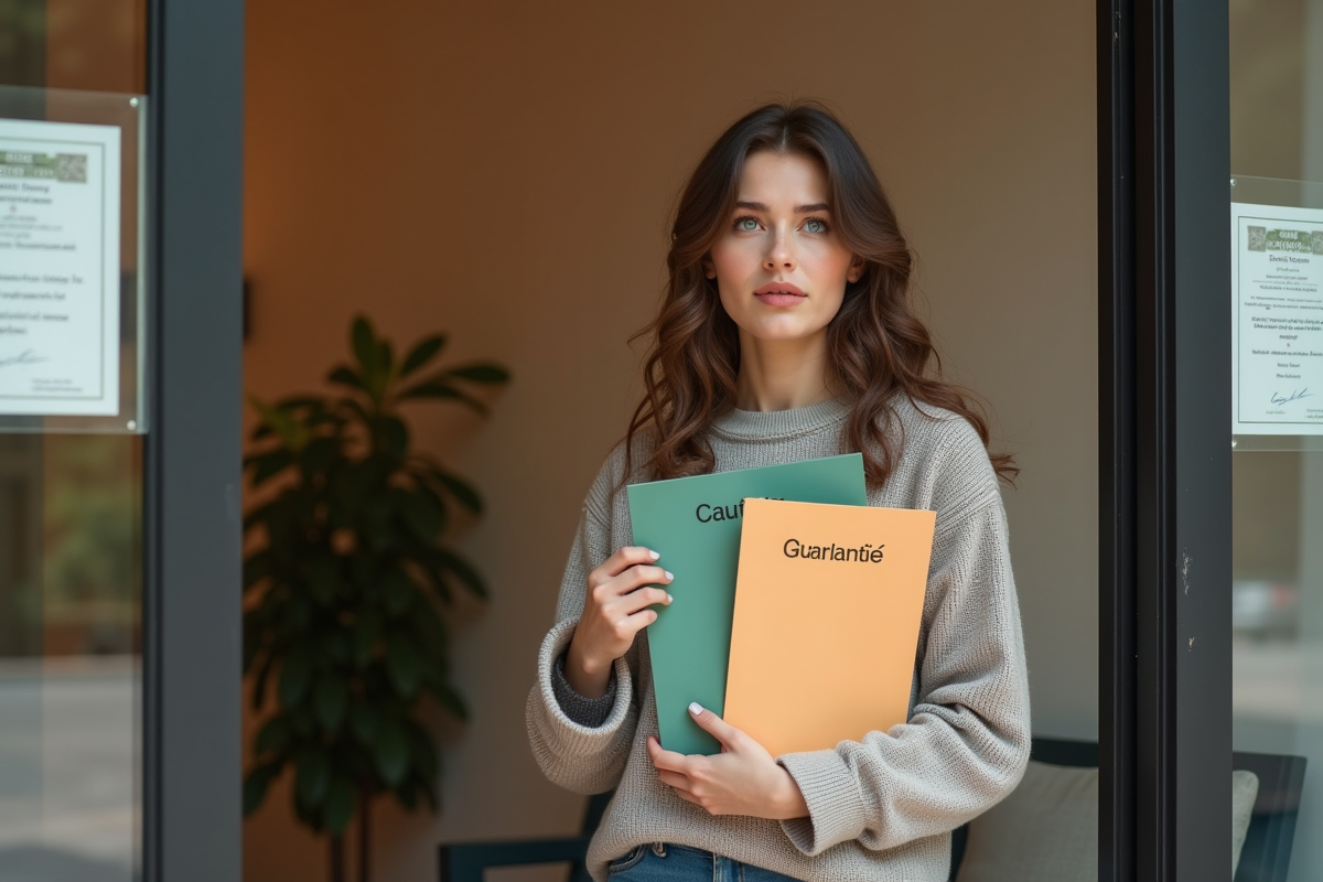 Jeune femme tenant des dossiers dans une agence immobiliere