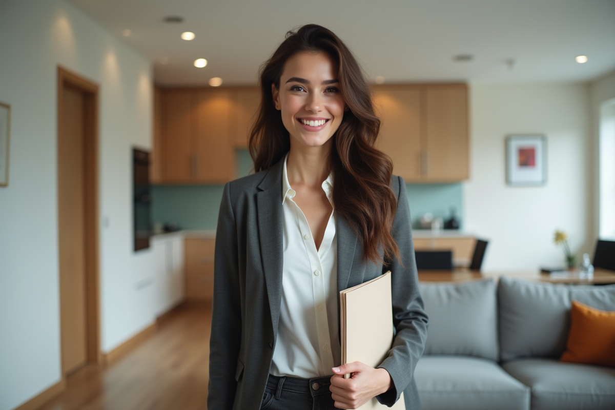 Jeune femme professionnelle souriante dans un appartement moderne