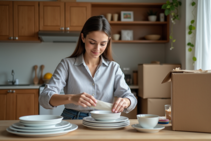 Jeune femme emballant des assiettes en céramique dans une cuisine moderne