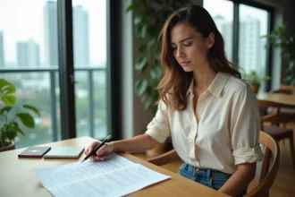 Jeune femme française examine un contrat de location à Bangkok