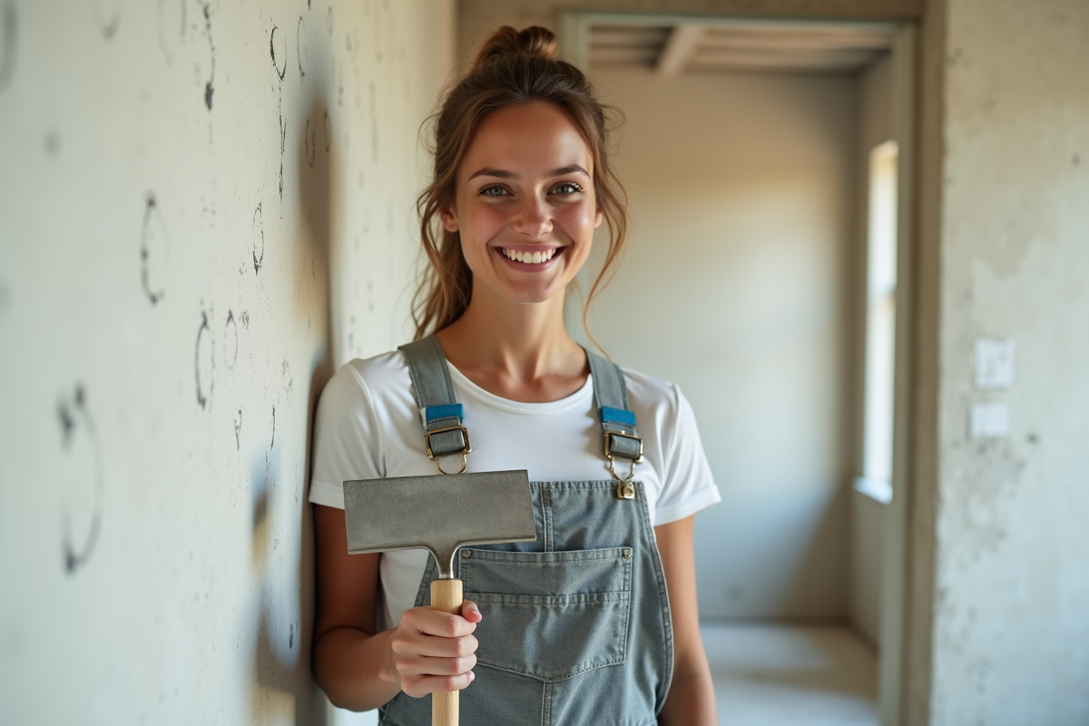 Jeune femme peintre souriante à côté d’un mur en rénovation