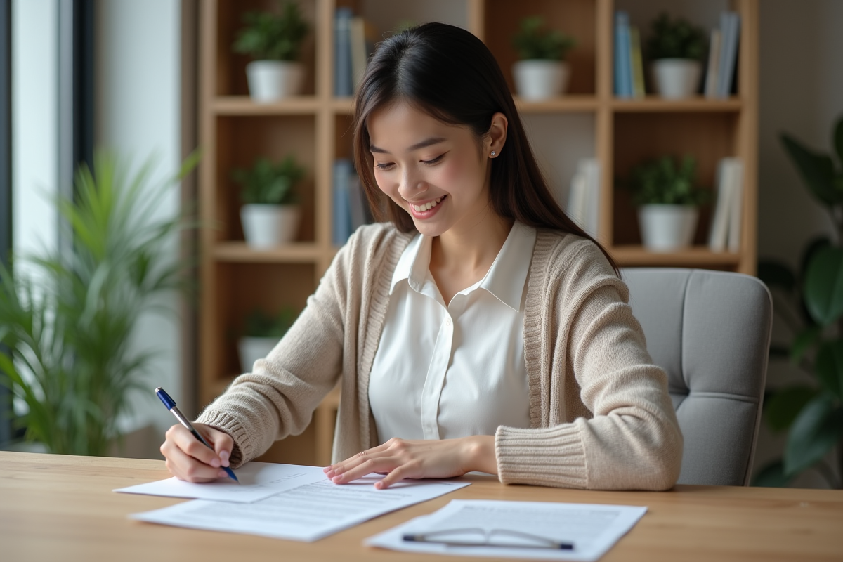 Jeune femme signant un contrat de location dans un bureau moderne
