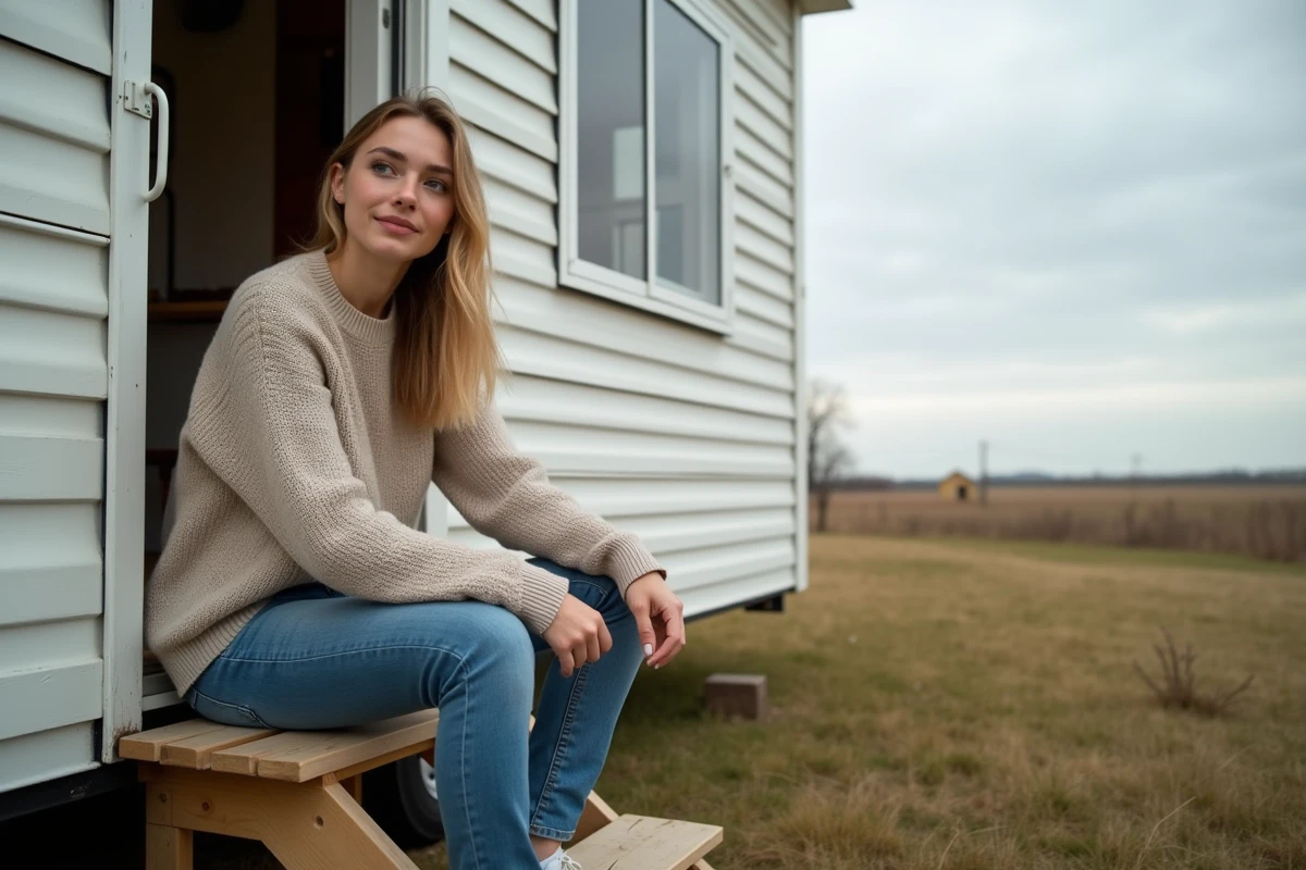 Jeune femme assise sur les marches du mobil home
