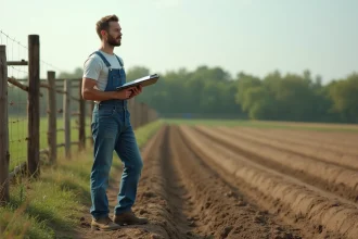 Jeune fermier en champs avec carnet et expression d'espoir