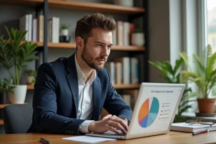 Jeune homme en bureau immobilier regardant un graphique coloré