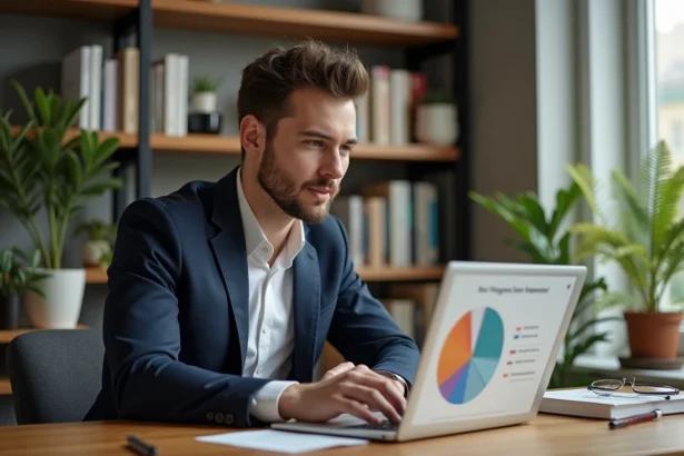 Jeune homme en bureau immobilier regardant un graphique coloré