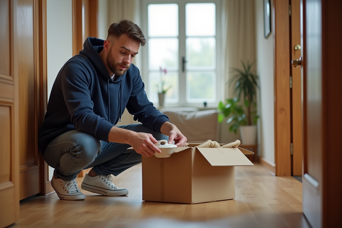 Jeune homme emballant un bol en carton dans un couloir lumineux