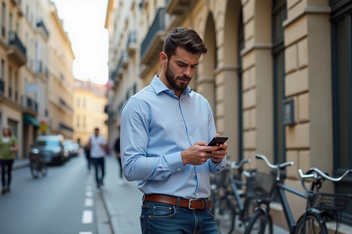 Jeune homme vérifiant une estimation immobilière dans la rue à Lyon