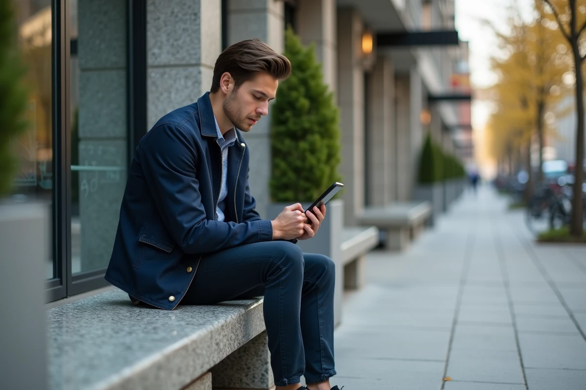Jeune homme consulte des données de location sur son smartphone dehors