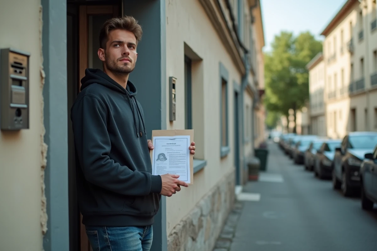 Jeune locataire recevant une notice légale devant son immeuble, confronté à la nouvelle loi sur les loyers impayés