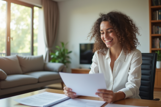 Jeune propriétaire souriant vérifiant documents de location dans un salon lumineux