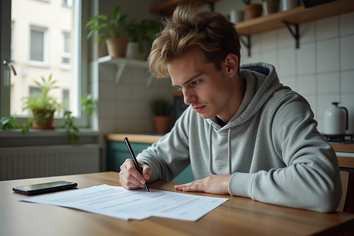 Jeune salarié remplissant un dossier de demande d'aide au logement Cileo dans son appartement