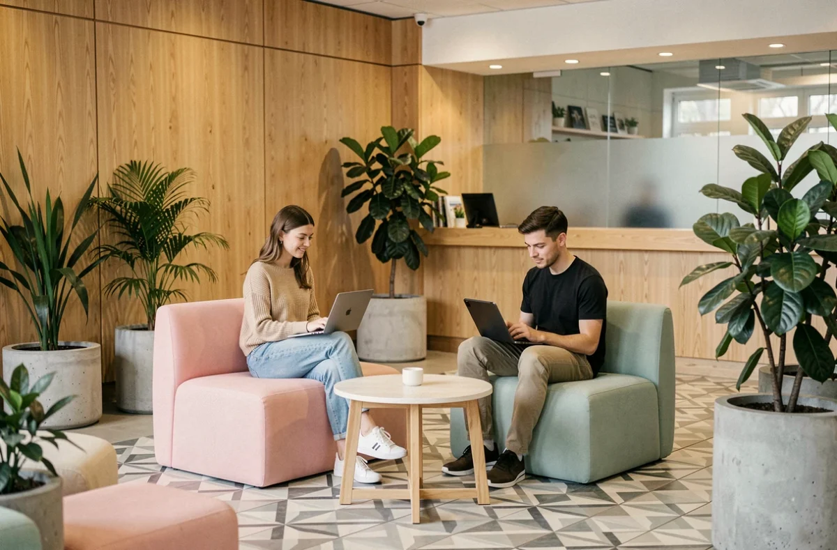 Salon de nouvelle génération de la résidence étudiante Kley Lille avec deux étudiants au travail