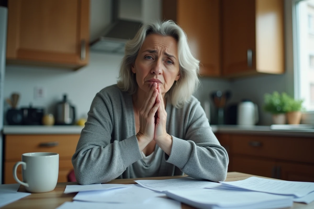 Femme inquiète face à des avis de loyers impayés sur une table de cuisine, illustrant les difficultés financières des locataires