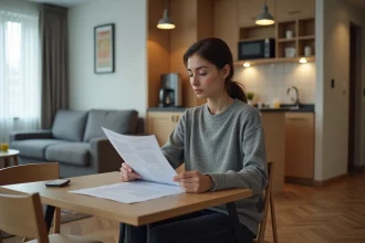 Jeune femme locataire étudiant des documents de copropriété dans un appartement T1 bis compact avec parquet et kitchenette