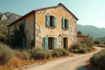 Maison abandonnée en pierre en Provence avec volets délabrés et végétation envahissante, exemple typique d'une propriété à donner en PACA