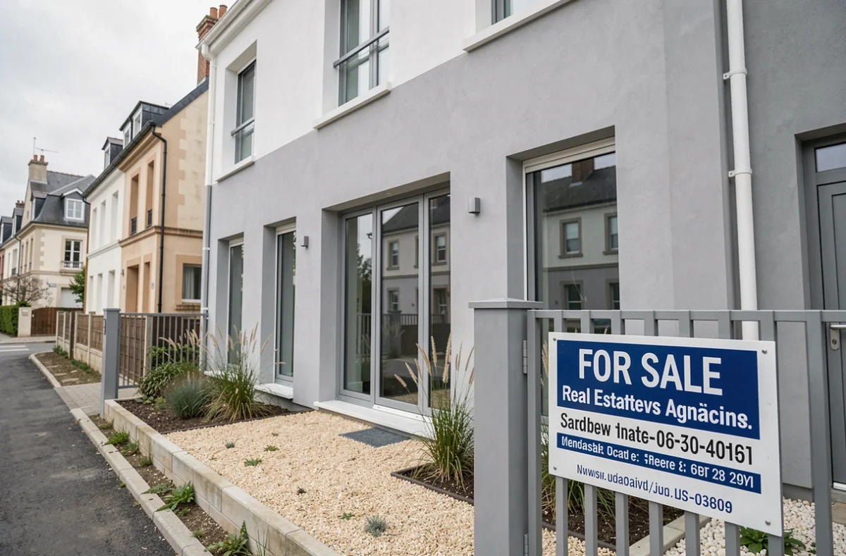 Maison contemporaine française à vendre avec panneau d'agence immobilière illustrant une vente rapide en moins de 60 jours