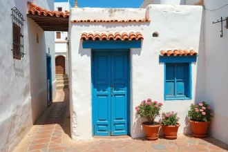 Maison traditionnelle blanchie à la chaux avec petit jardin fleuri à louer à Essaouira, portail en bois bleu typique du style médina marocain