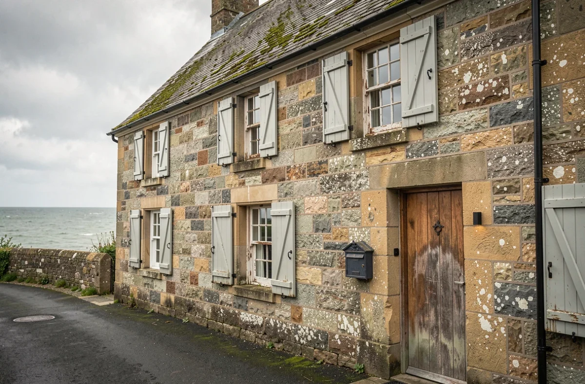 Facade d'une maison normande en pierre de bord de mer avec volets gris et toit en ardoise, illustrant les coûts d'entretien d'un bien immobilier côtier en Normandie