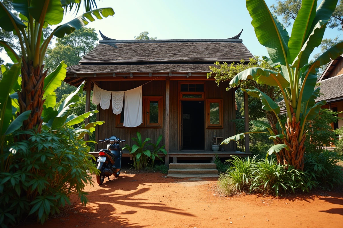 Maison traditionnelle en bois en Thaïlande rurale entourée de végétation tropicale luxuriante, accessible avec un petit budget